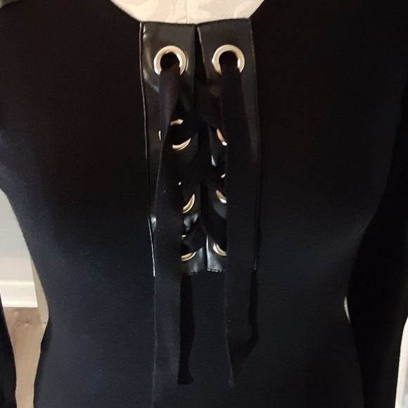 Say What? Black Long Sleeve Sweater Dress with Faux Leather Shoulder Pat… - Picture 7 of 11